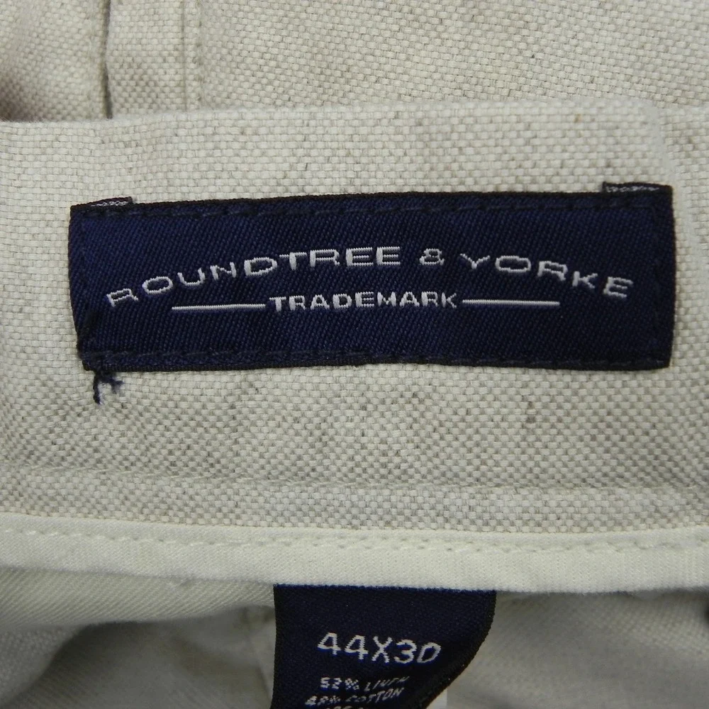Roundtree & Yorke Pants Mens 44x30 Relaxed Fit Linen Cotton Pleated Cuffed Beige